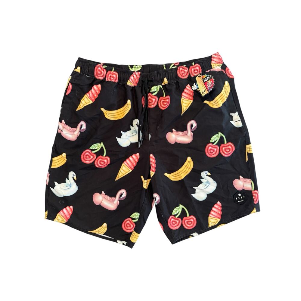 NWT NEFF XL Black Novelty Print Swim Trunks 19” Board Shorts Cherry Flamingo